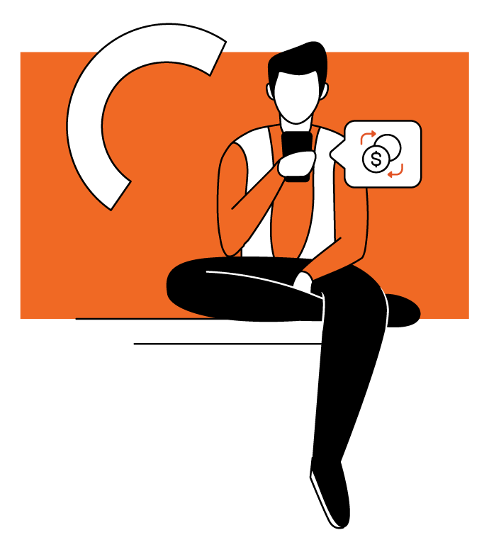 Illustration of man using his smartphone to interact with his digital bank.